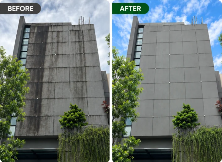 Actual before-and-after photographs of the commercial facade in Valenzuela, showing reduced dark surface staining after cleaning