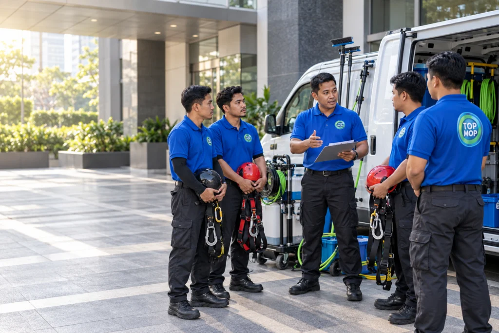 TopMop team briefing beside a service vehicle