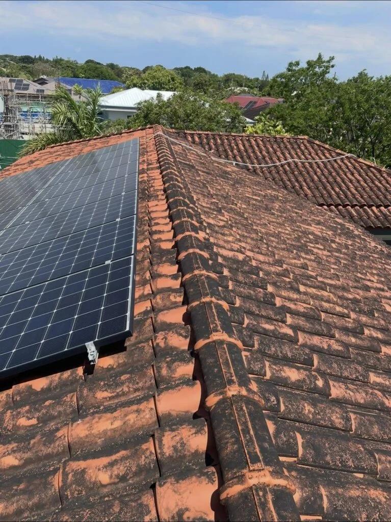 Dark surface staining on clay roof tiles beside solar panels before cleaning in Quezon City